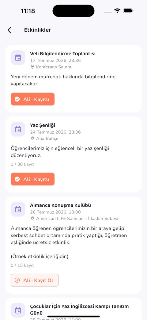 Etkinlikler ekranı